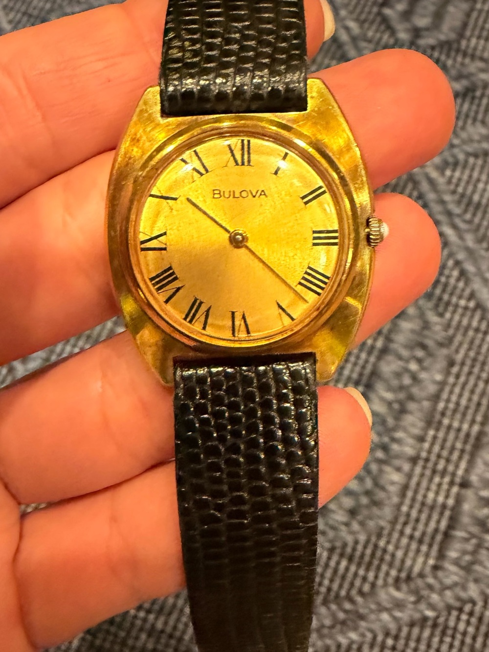 Bulova Gold Dial Dress Watch with Black Leather Strap